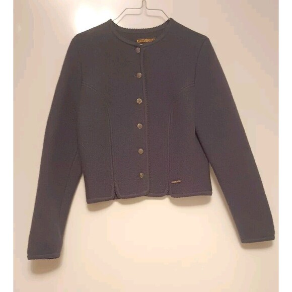 Geiger Tyrol Austria Boiled Wool Cardigan Knit Sweater Jacket Navy Sz 42- Large - Picture 1 of 8